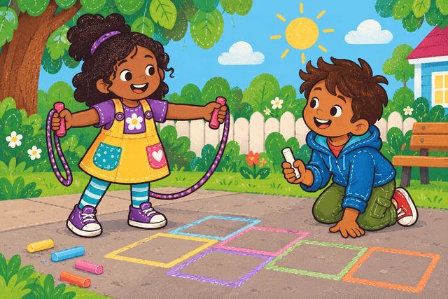 Children near jump rope and hopscotch games