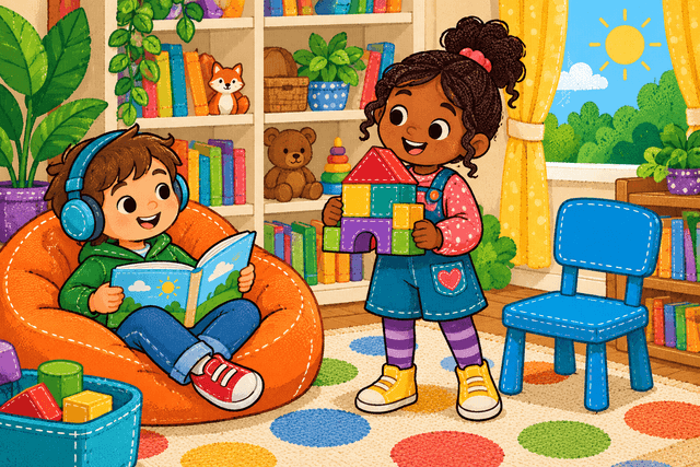 Children building while another child reads