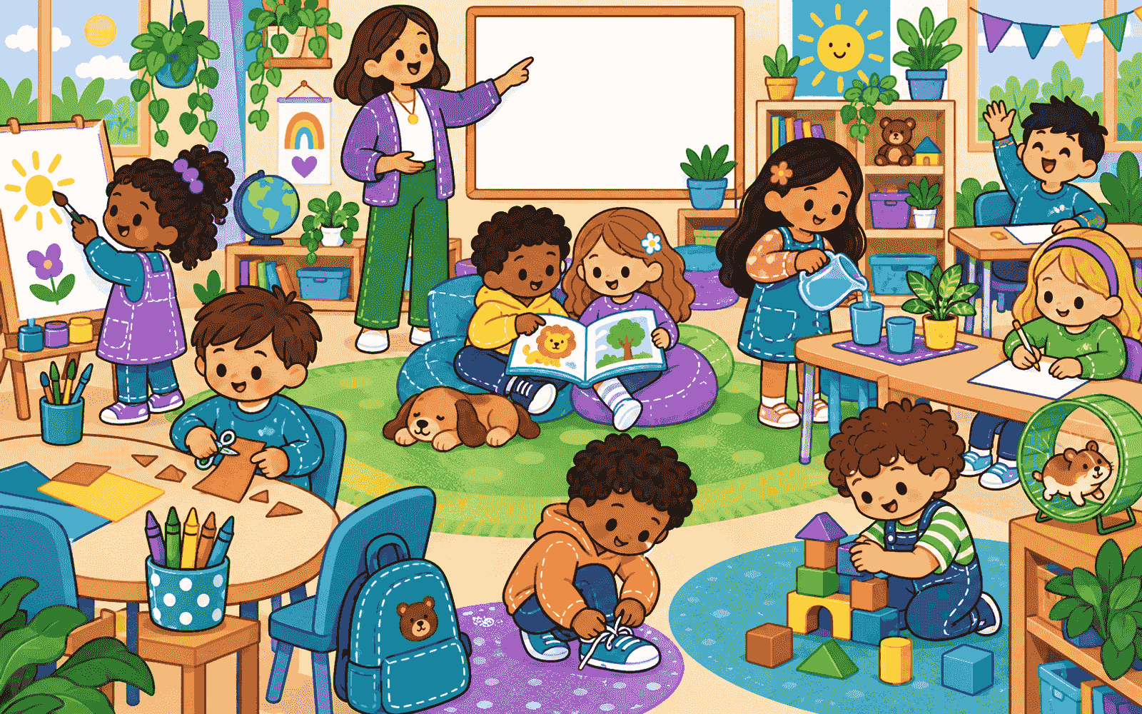A busy classroom with children painting, cutting, reading, building and writing.