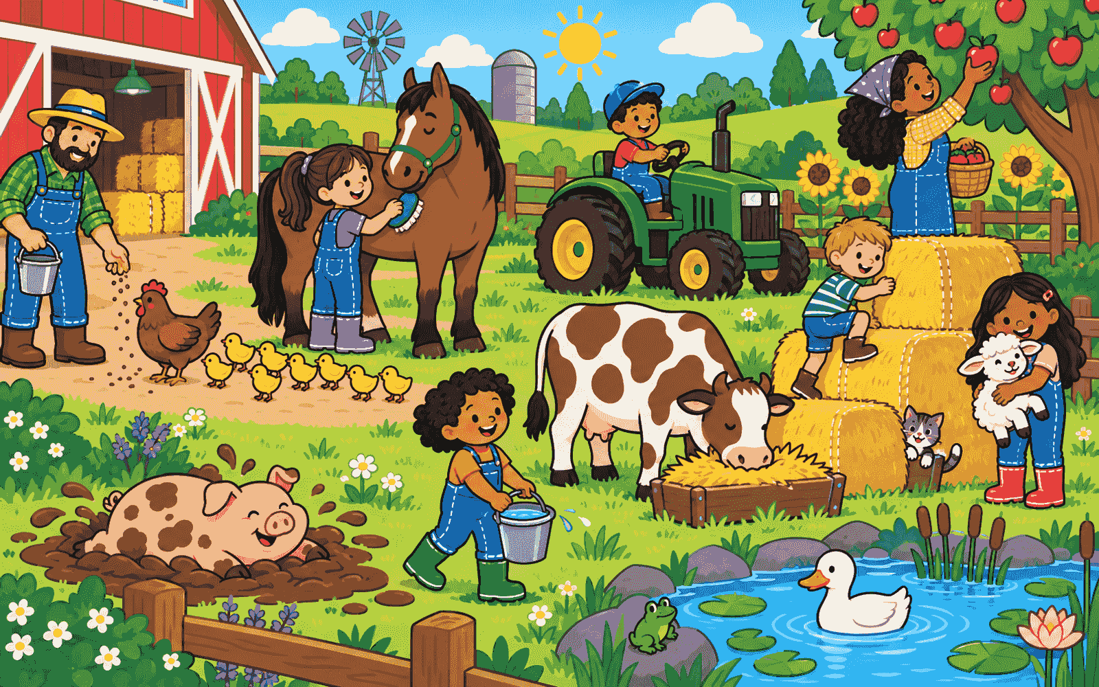 A busy farm with a farmer feeding chickens, a girl brushing a horse and a boy on a tractor.