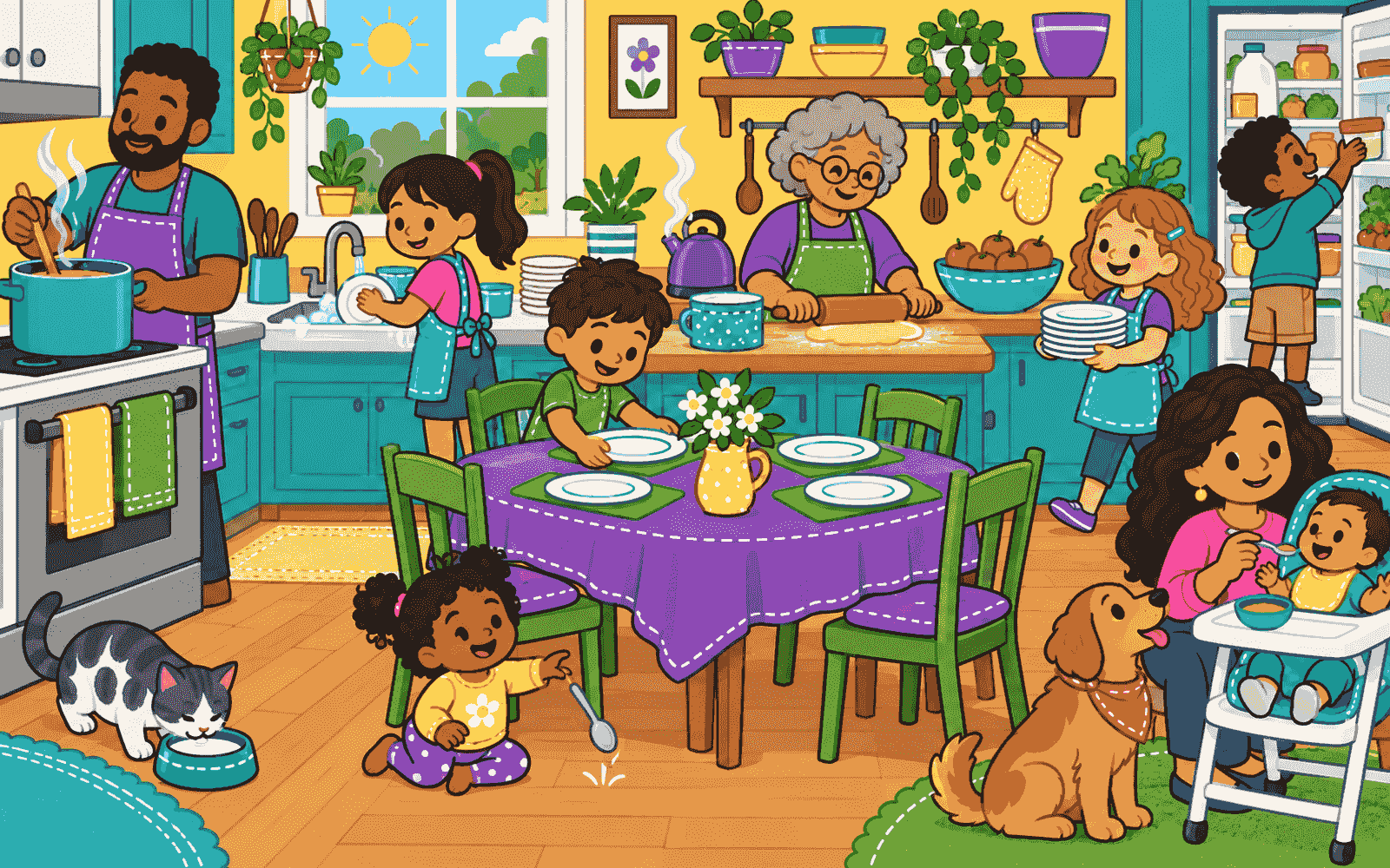 A busy kitchen with a family cooking, washing up, setting the table and feeding a baby.