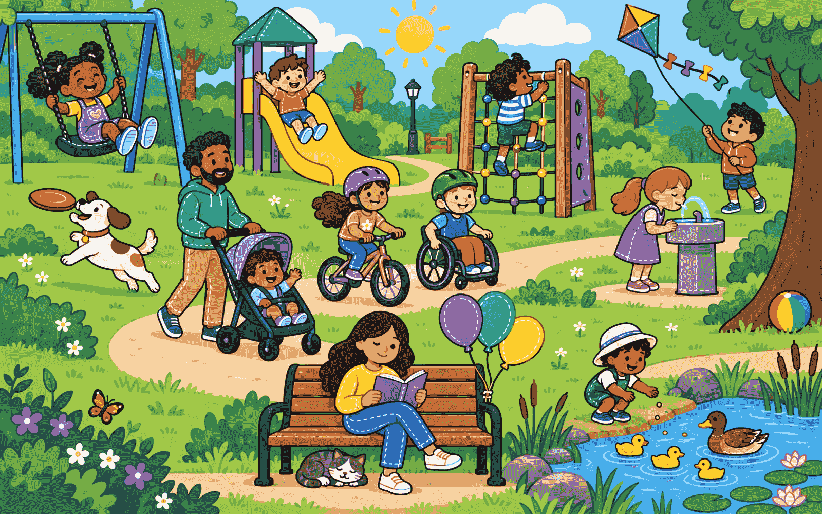 A busy park with children swinging, sliding, riding bikes, flying a kite and feeding ducks.