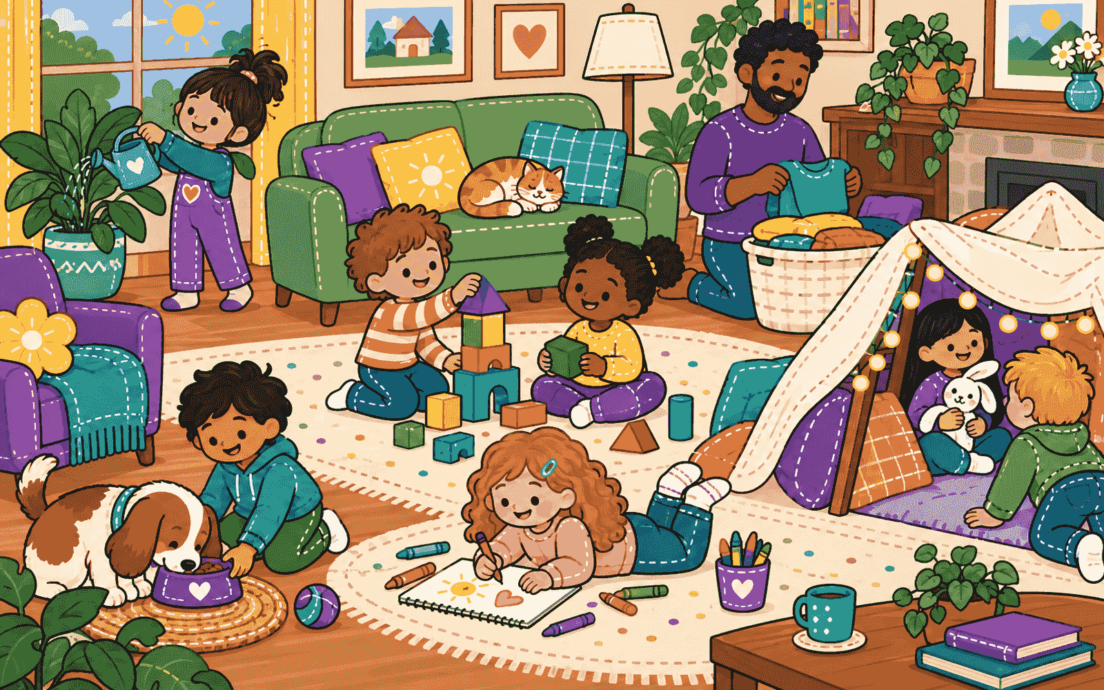 A living room with children building blocks, drawing, watering a plant and playing in a blanket fort.