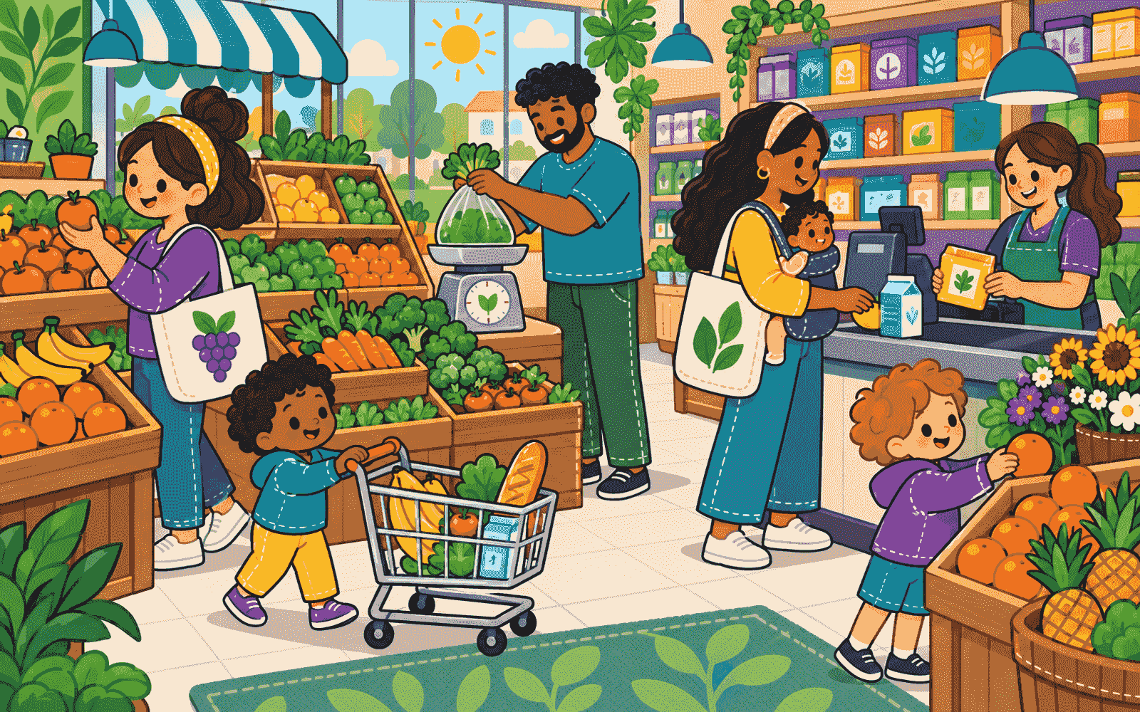 A supermarket with fruit and vegetable stands, a cart, a checkout and families shopping.